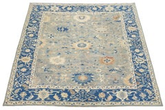 Modern Oushak Style Hand-Knotted Wool Rug - Slate Blue & Cream Floral