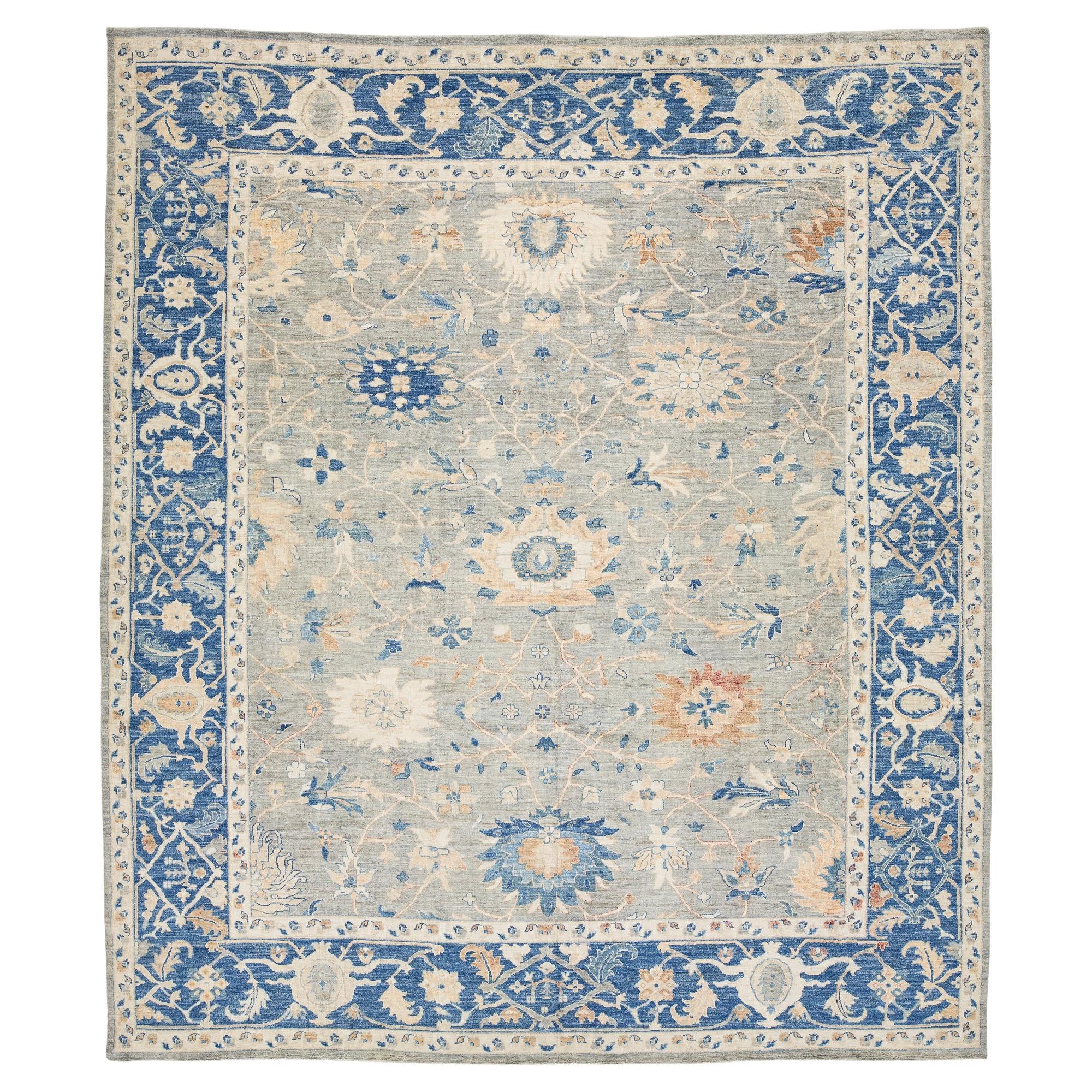 Modern Oushak Style Hand-Knotted Wool Rug - Slate Blue & Cream Floral