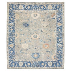 Modern Oushak Style Hand-Knotted Wool Rug - Slate Blue & Cream Floral