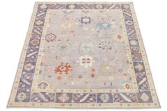 Modern Oushak Style Hand-Knotted Wool Rug - Soft Lavender & Pastel Floral Motif