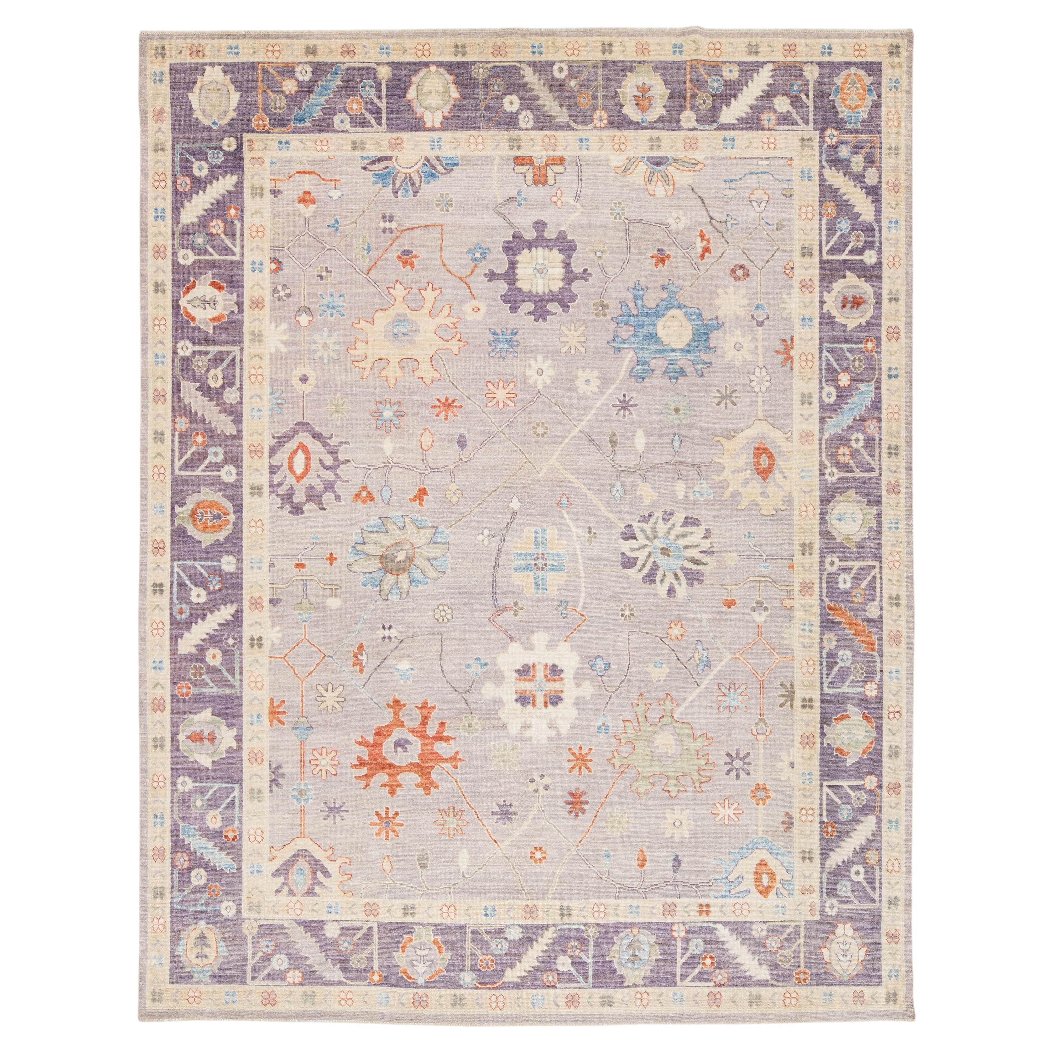 Modern Oushak Style Hand-Knotted Wool Rug - Soft Lavender & Pastel Floral Motif