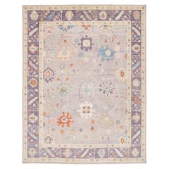 Modern Oushak Style Hand-Knotted Wool Rug - Soft Lavender & Pastel Floral Motif