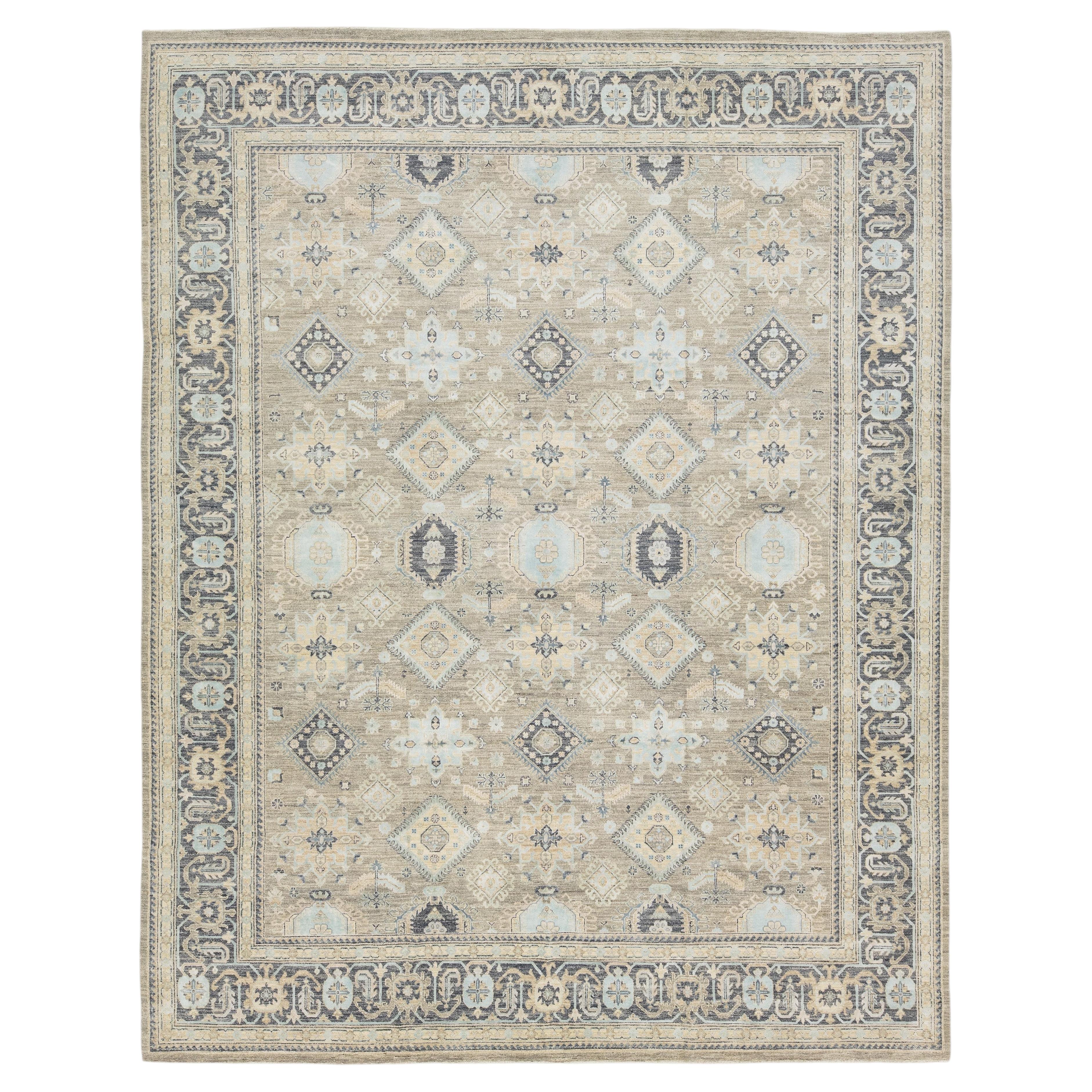 Modern Oushak Style Hand-Knotted Wool & Silk Area Rug in Soft Beige and Blue