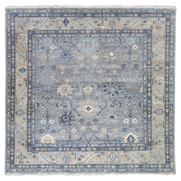 Modern Oushak Style Handmade Floral Motif Gray and Beige Square Wool