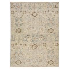 Modern Oushak Style Indian Wool Area Rug – Muted Neutral & Blue Geometric Motif