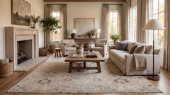 Indischer Wollteppich im modernen Usak-Stil – gedeckte Übergangsfarben in Beige und Blau