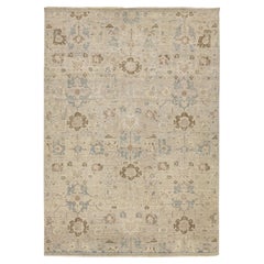 Indischer Wollteppich im modernen Usak-Stil – gedeckte Übergangsfarben in Beige und Blau