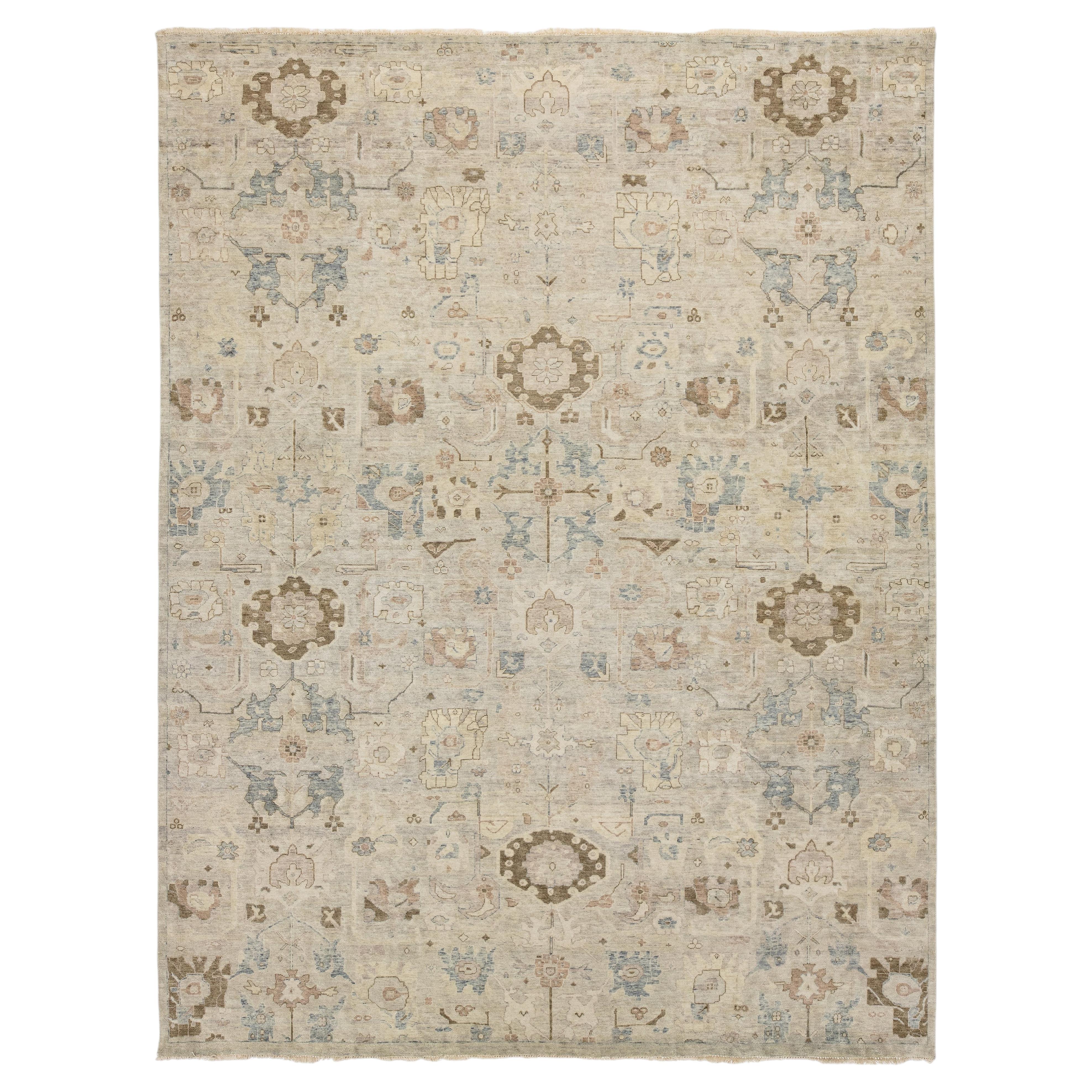 Modern Oushak Style Indian Wool Rug - Muted Beige, Soft Blue & Taupe Handmade