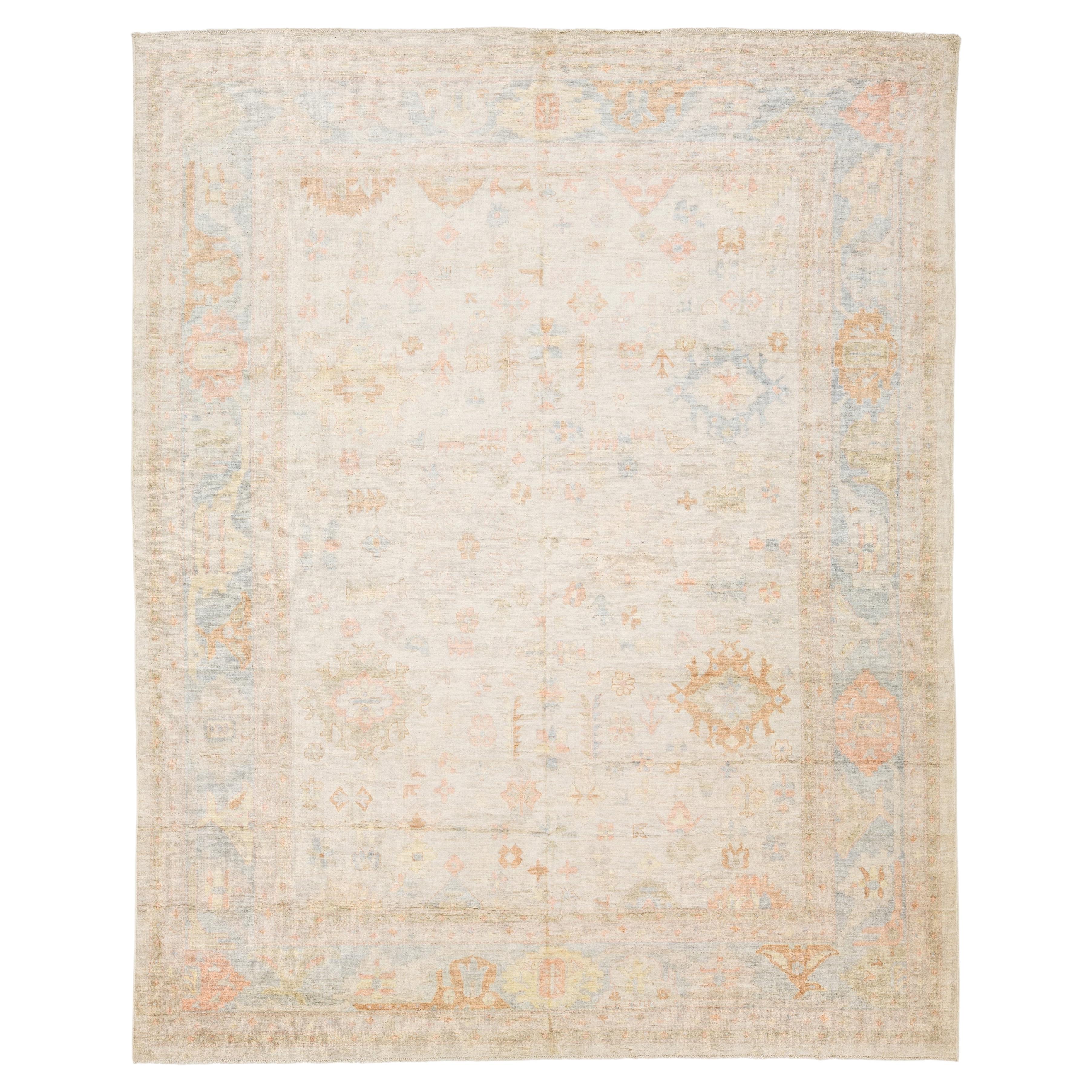 Modern Oushak Style Pastel Geometric Handmade Wool Rug 12x15