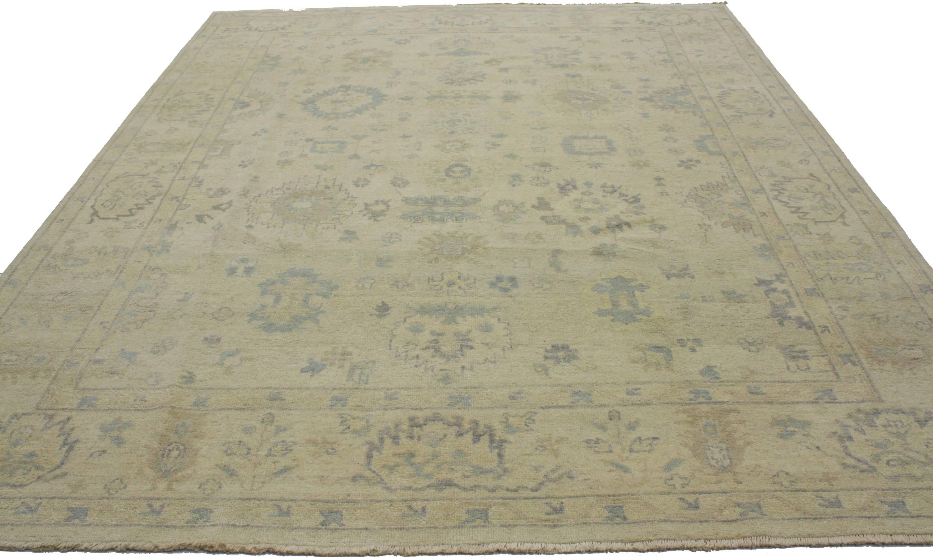 30201 New Contemporary Oushak Area Rug with Coastal Cottage Style. Blending Coastal Cottage style and elements from the modern world, this hand knotted wool contemporary Oushak rug beautifully balances new and old. It features an all over geometric