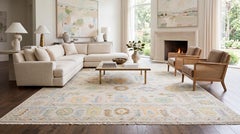 Modern Oushak Style Wool Area Rug in Soft Pastel Ivory, Sage, and Mineral Blue