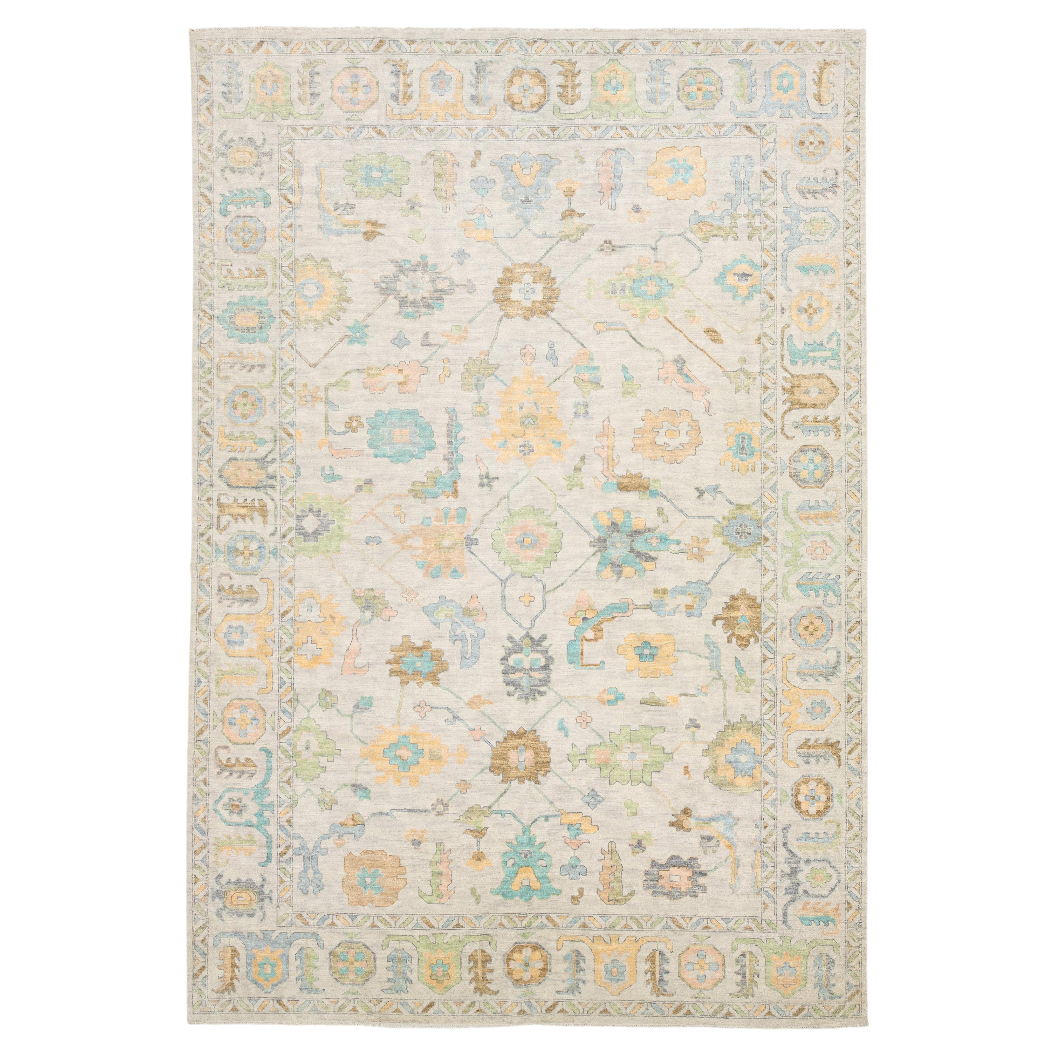 Modern Oushak Style Wool Area Rug in Soft Pastel Ivory, Sage, and Mineral Blue