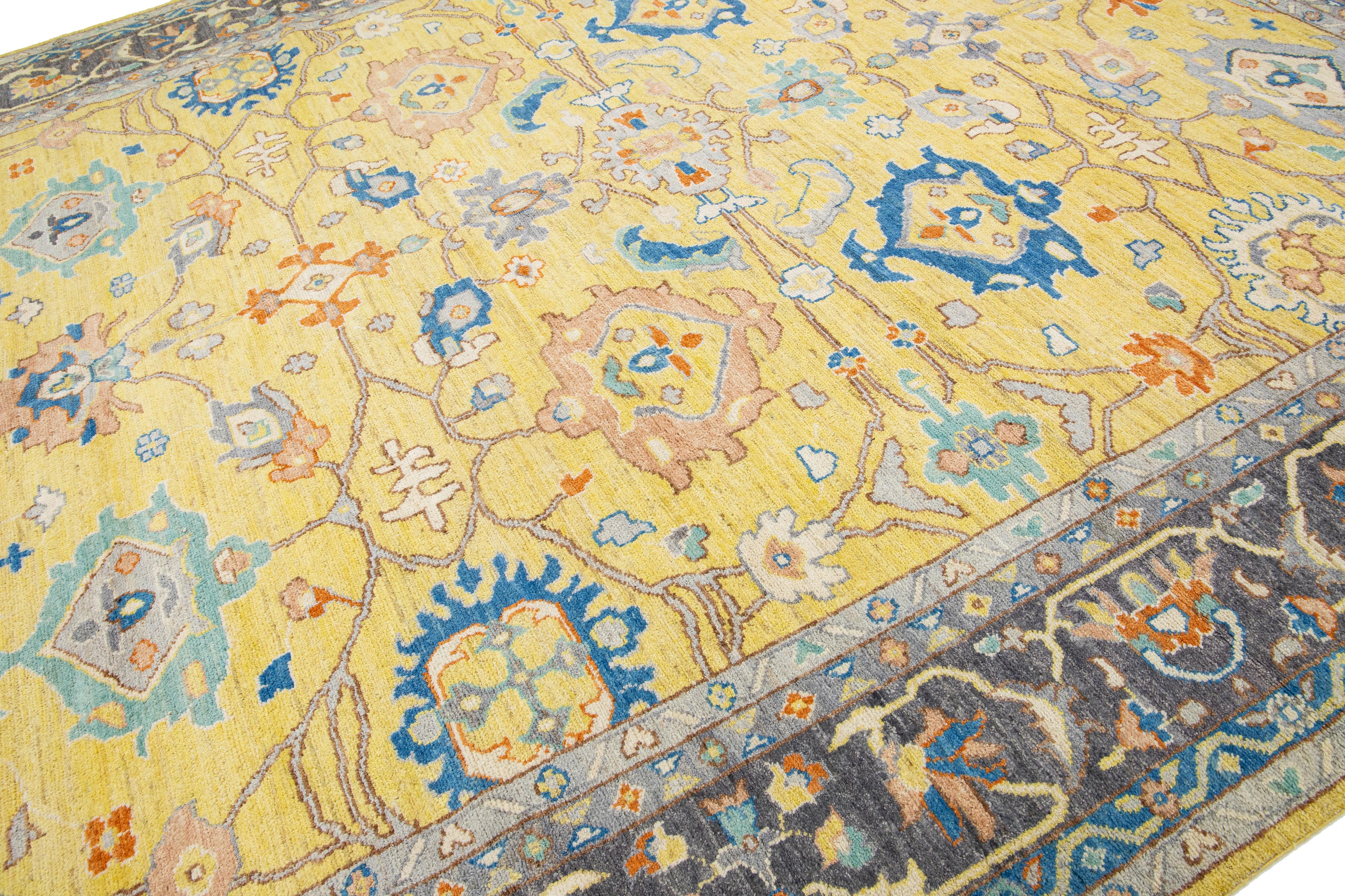 Afghan Modern Oushak Style Wool Rug Features Allover Pattern In a Yellow Field For Sale
