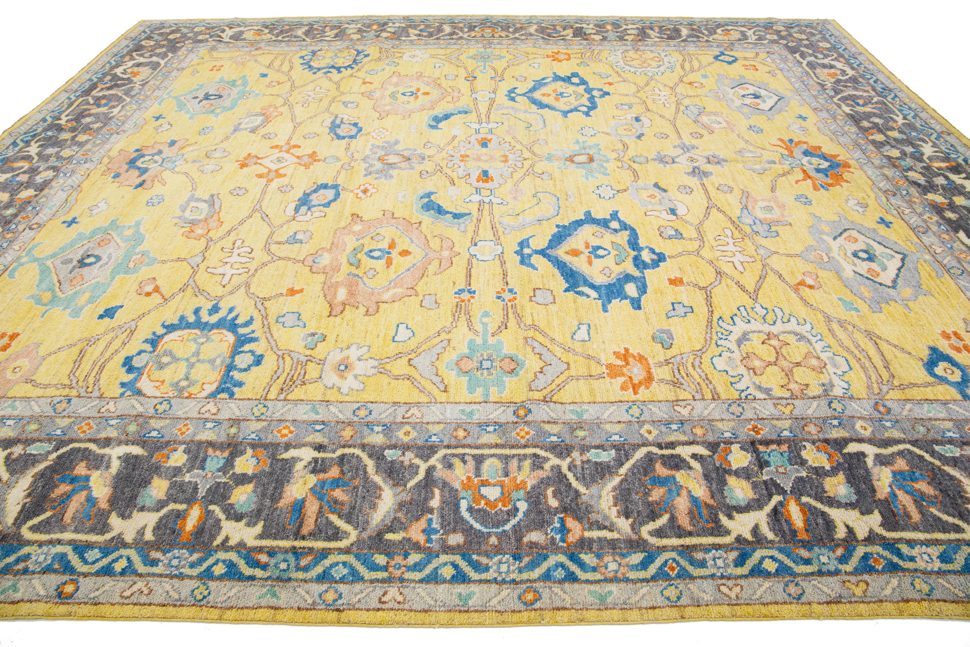 Hand-Knotted Modern Oushak Style Wool Rug Features Allover Pattern In a Yellow Field For Sale