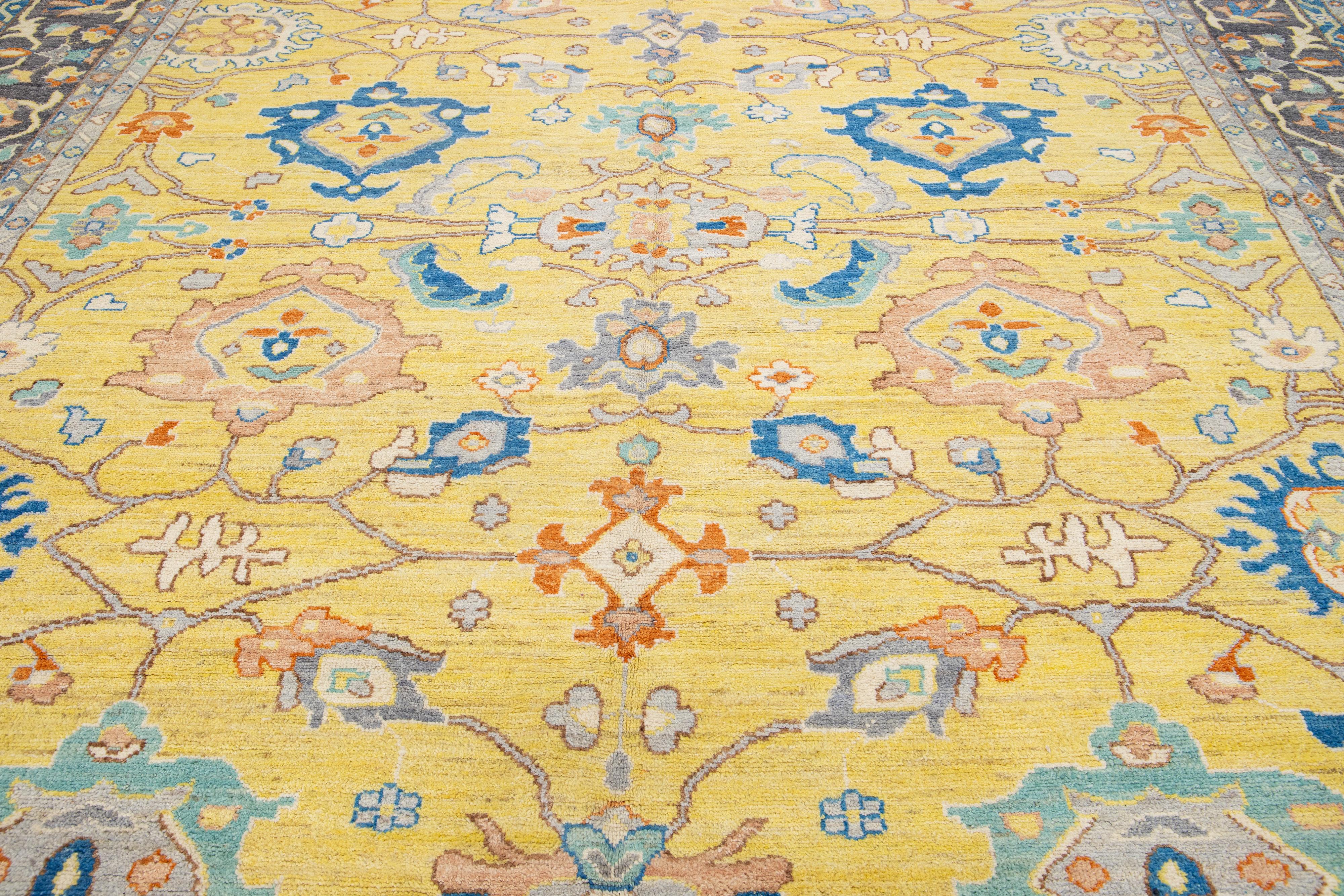 Contemporary Modern Oushak Style Wool Rug Features Allover Pattern In a Yellow Field For Sale