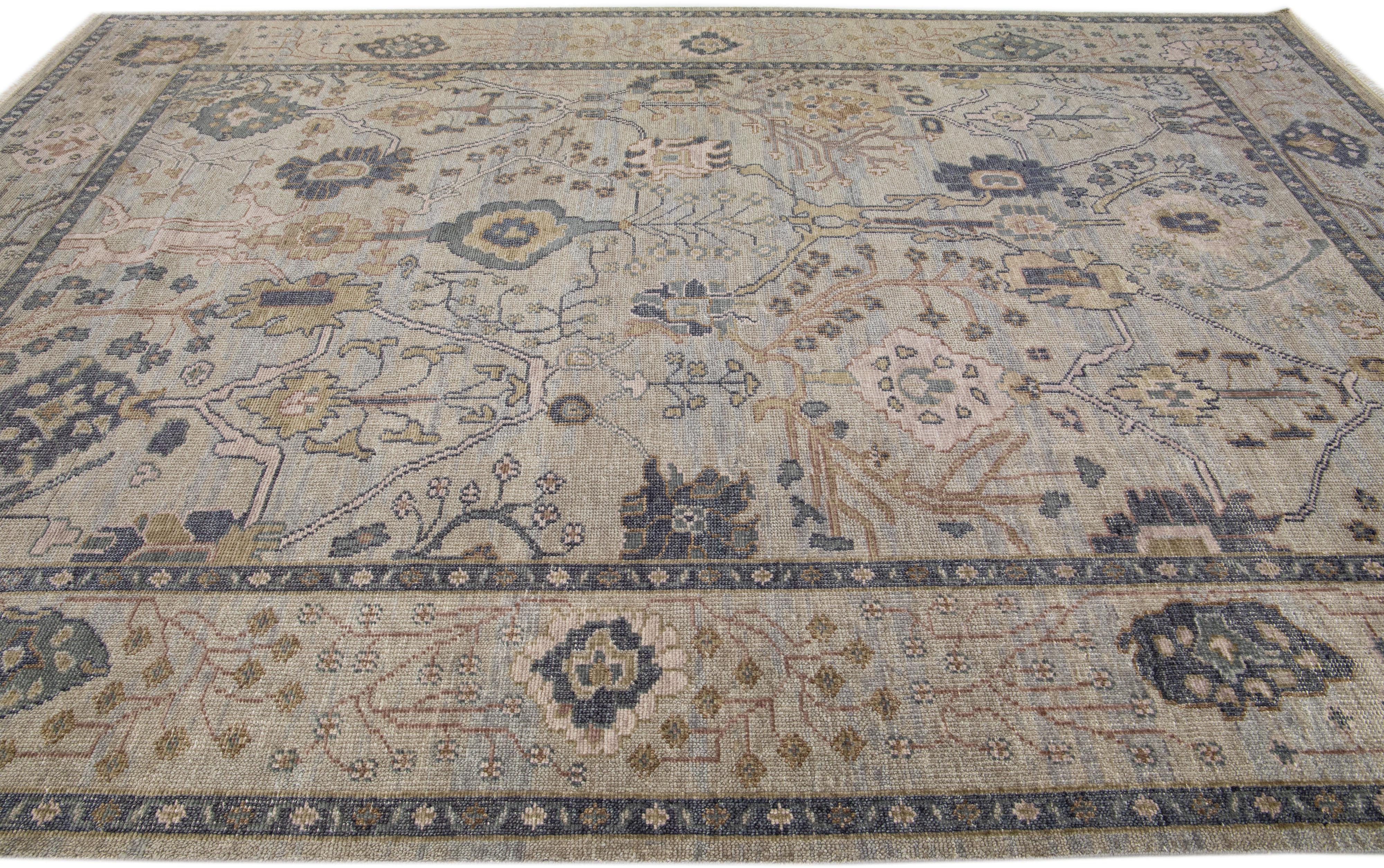 Hand-Knotted Modern Oushak Style Wool Rug Handmade with Allover Floral Motif in Grey For Sale
