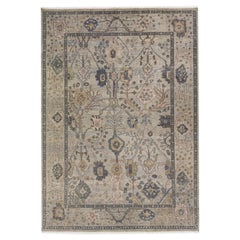 Tappeto moderno in lana in stile Oushak fatto a mano con motivo floreale all'interno in grigio