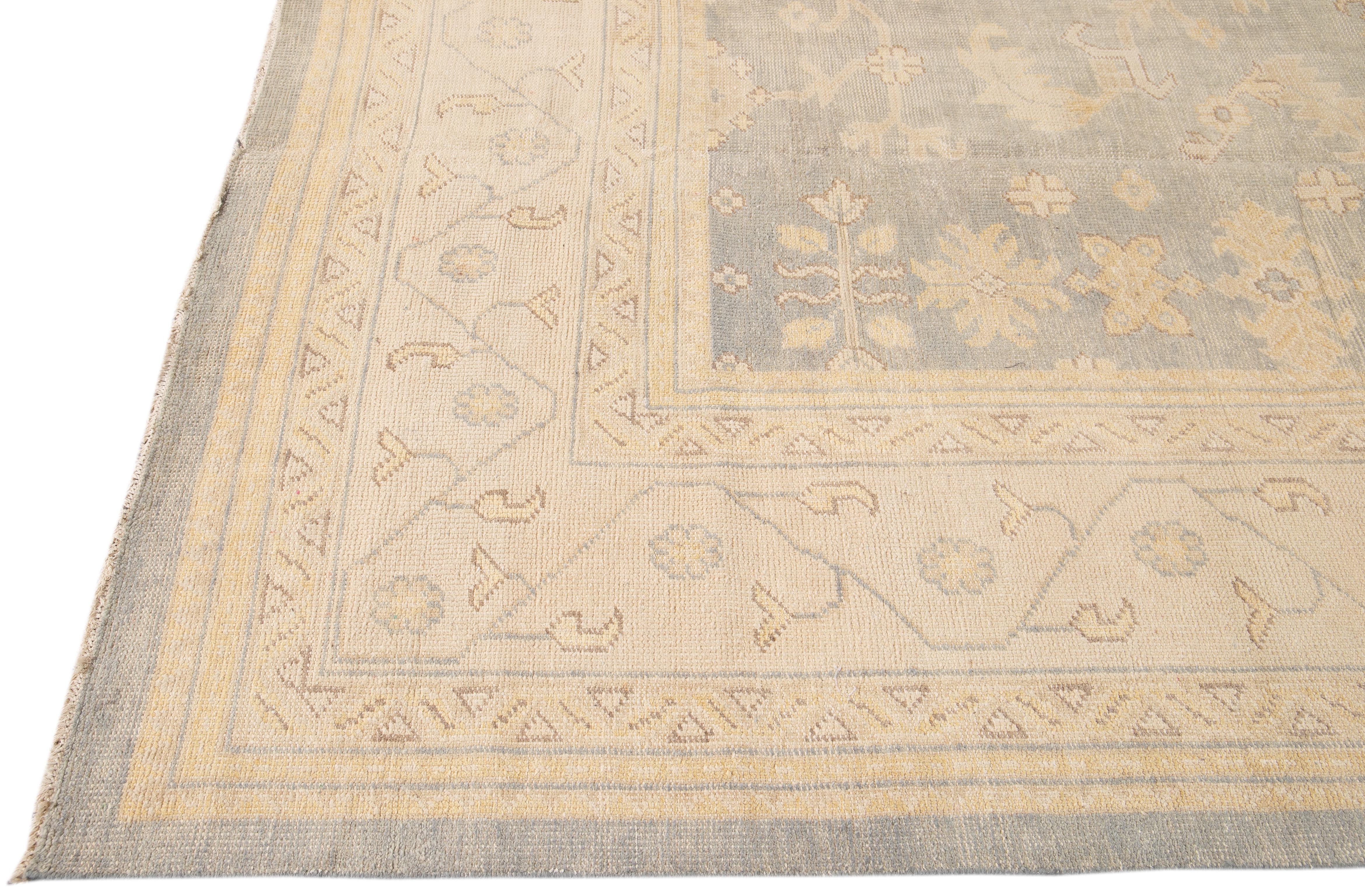 Contemporary Modern Oushak Style Wool Rug with Gray Handmade Floral Motif For Sale