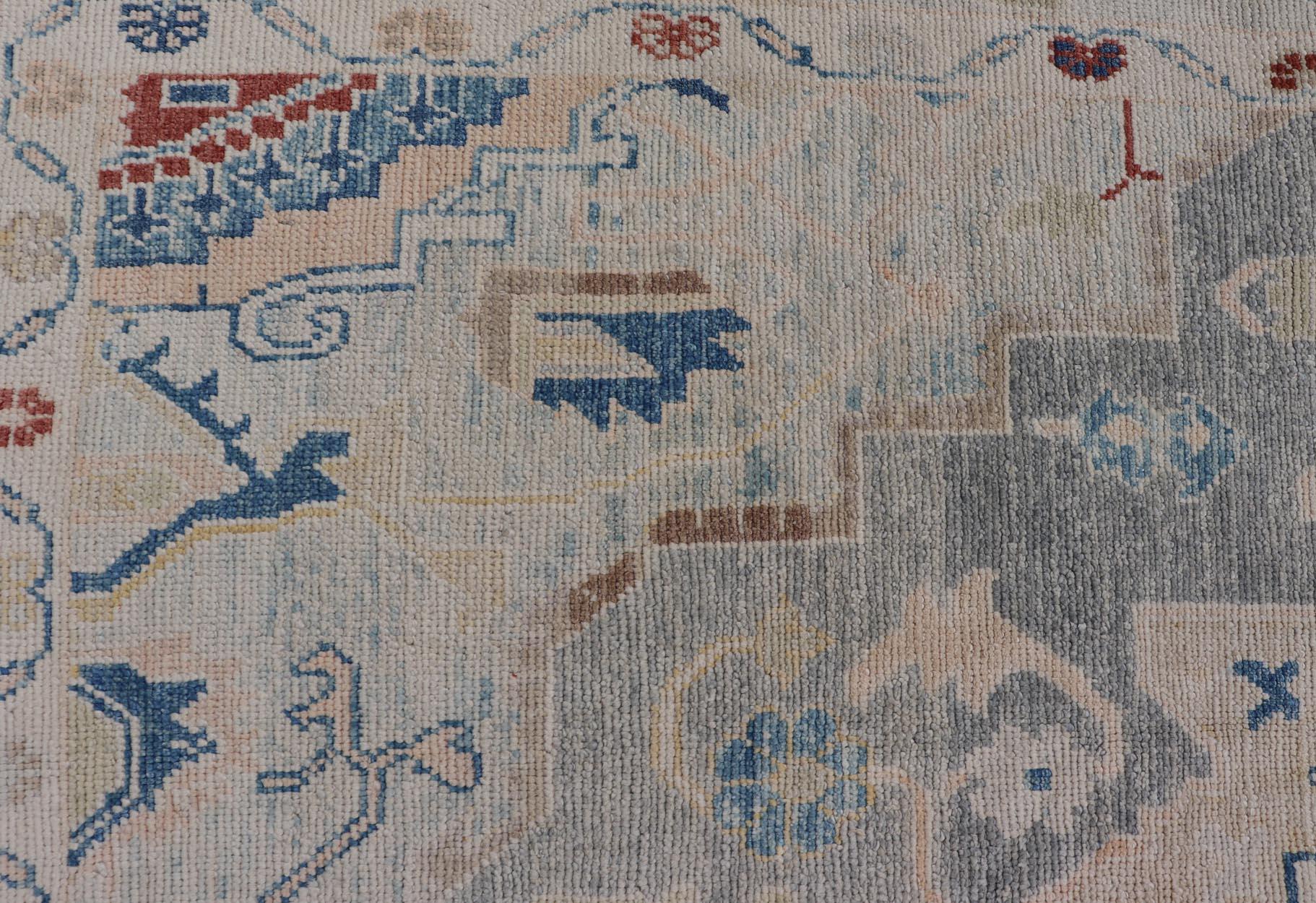 Modern Oushak Turkish Rug with All Over Design in Light Blue, Ivory, & Red For Sale 4