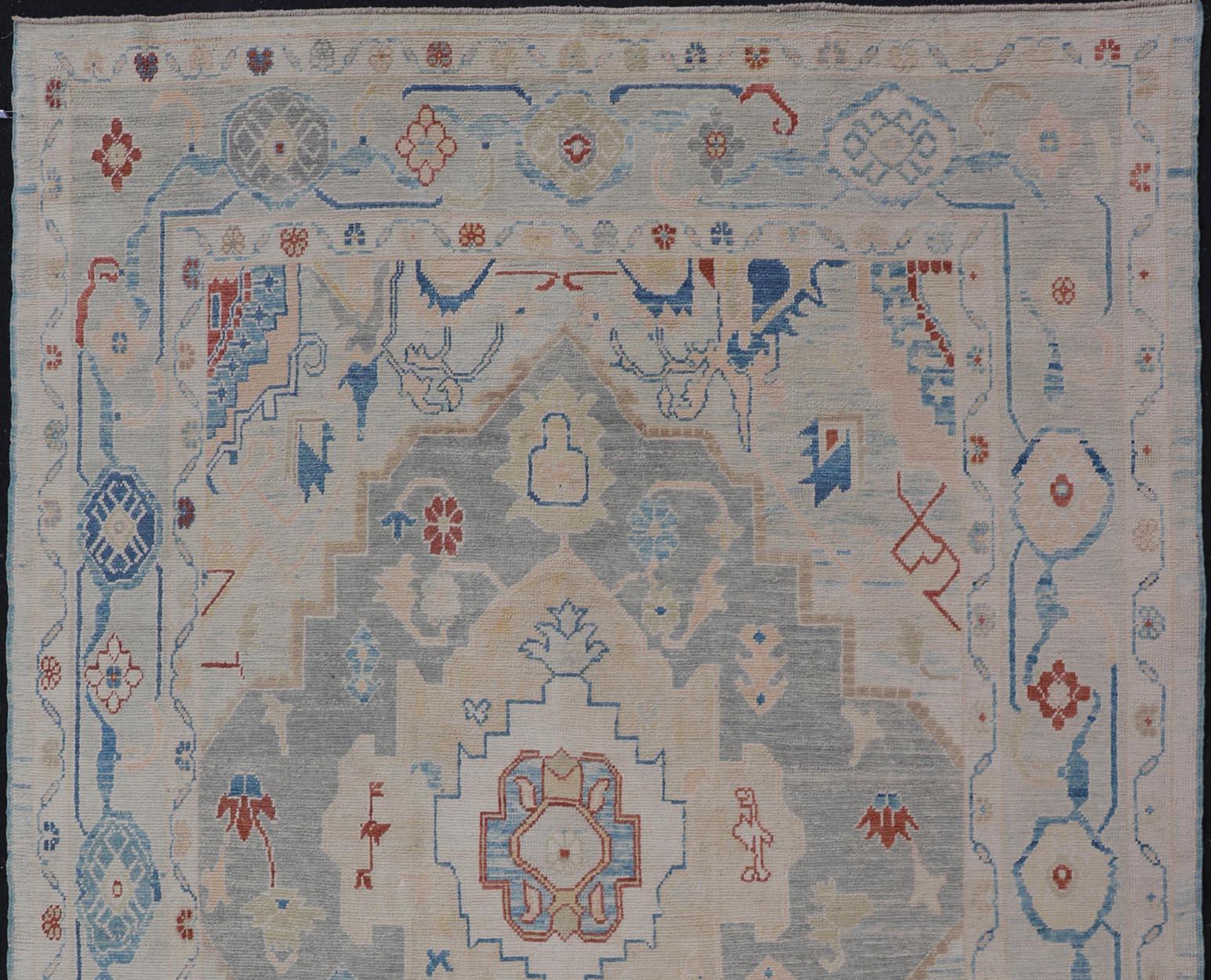 Modern Oushak Turkish Rug with All Over Design in Light Blue, Ivory, & Red For Sale 5