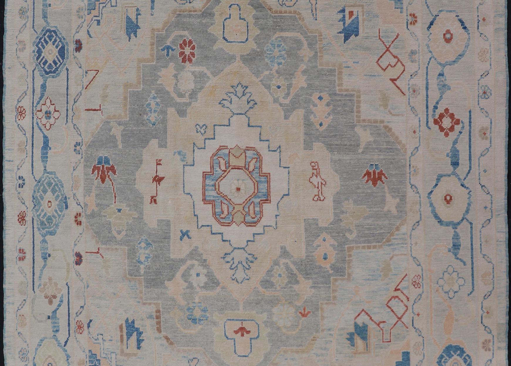 Modern Oushak Turkish Rug with All Over Design in Light Blue, Ivory, & Red For Sale 6