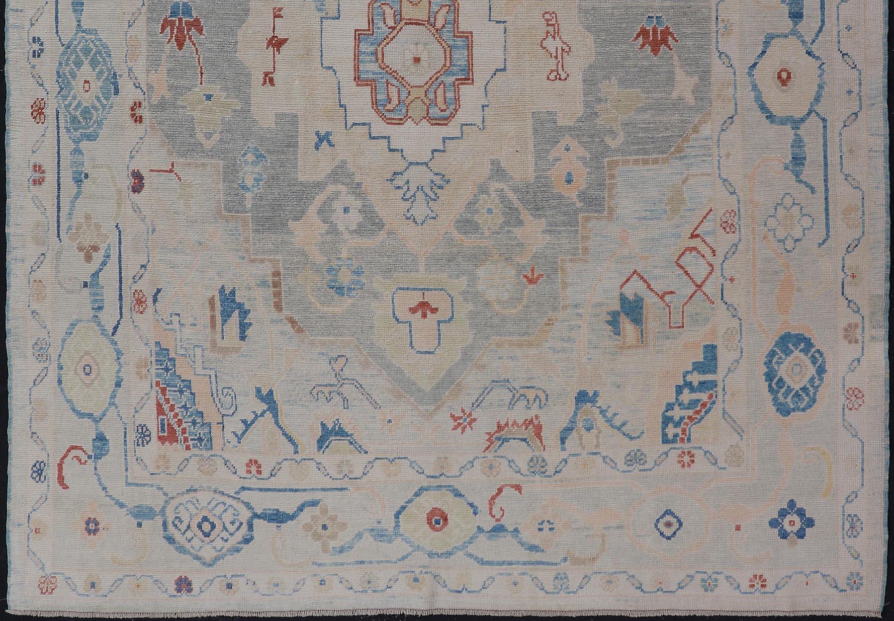 Modern Oushak Turkish Rug with All Over Design in Light Blue, Ivory, & Red For Sale 7
