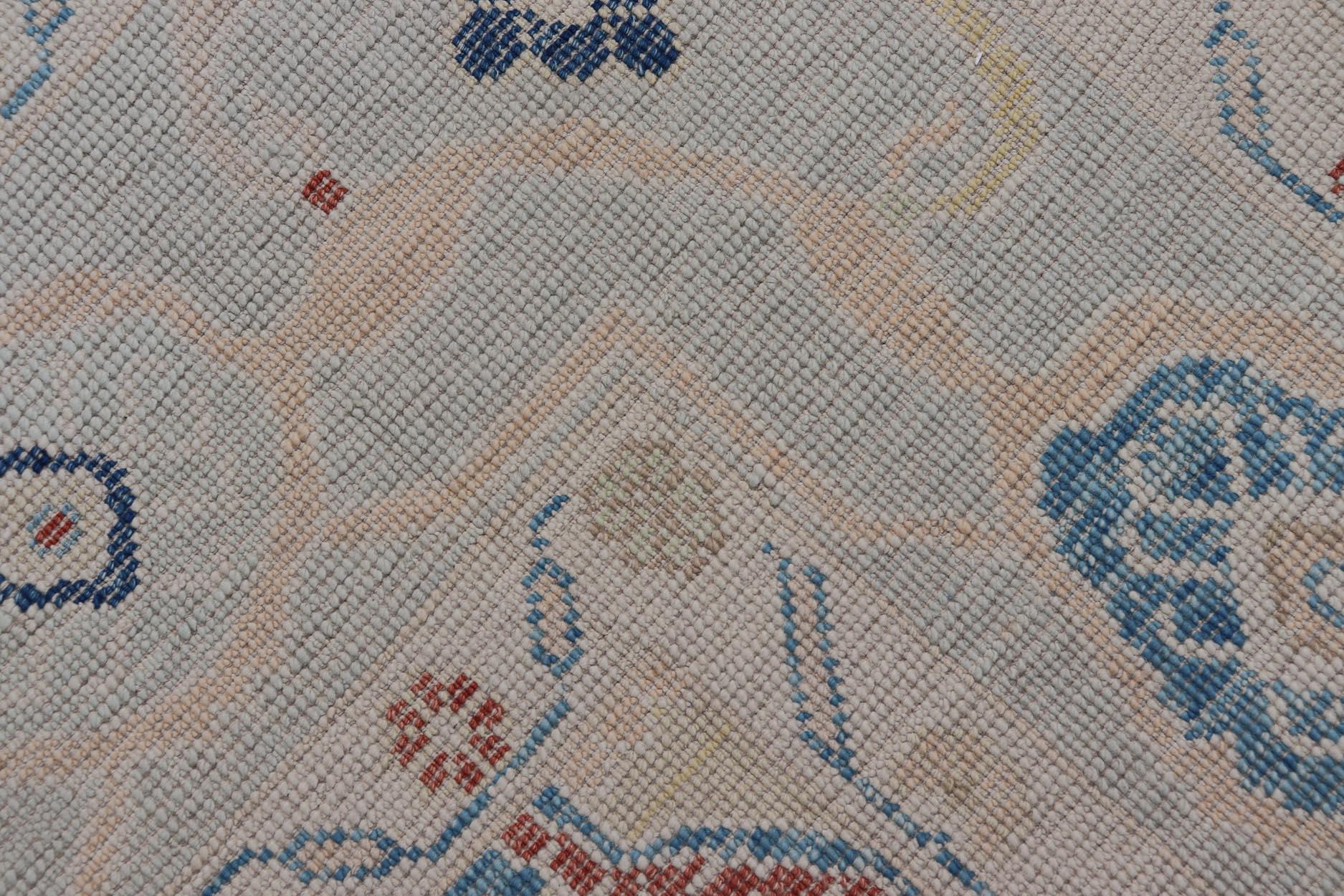 Modern Oushak Turkish Rug with All Over Design in Light Blue, Ivory, & Red For Sale 9