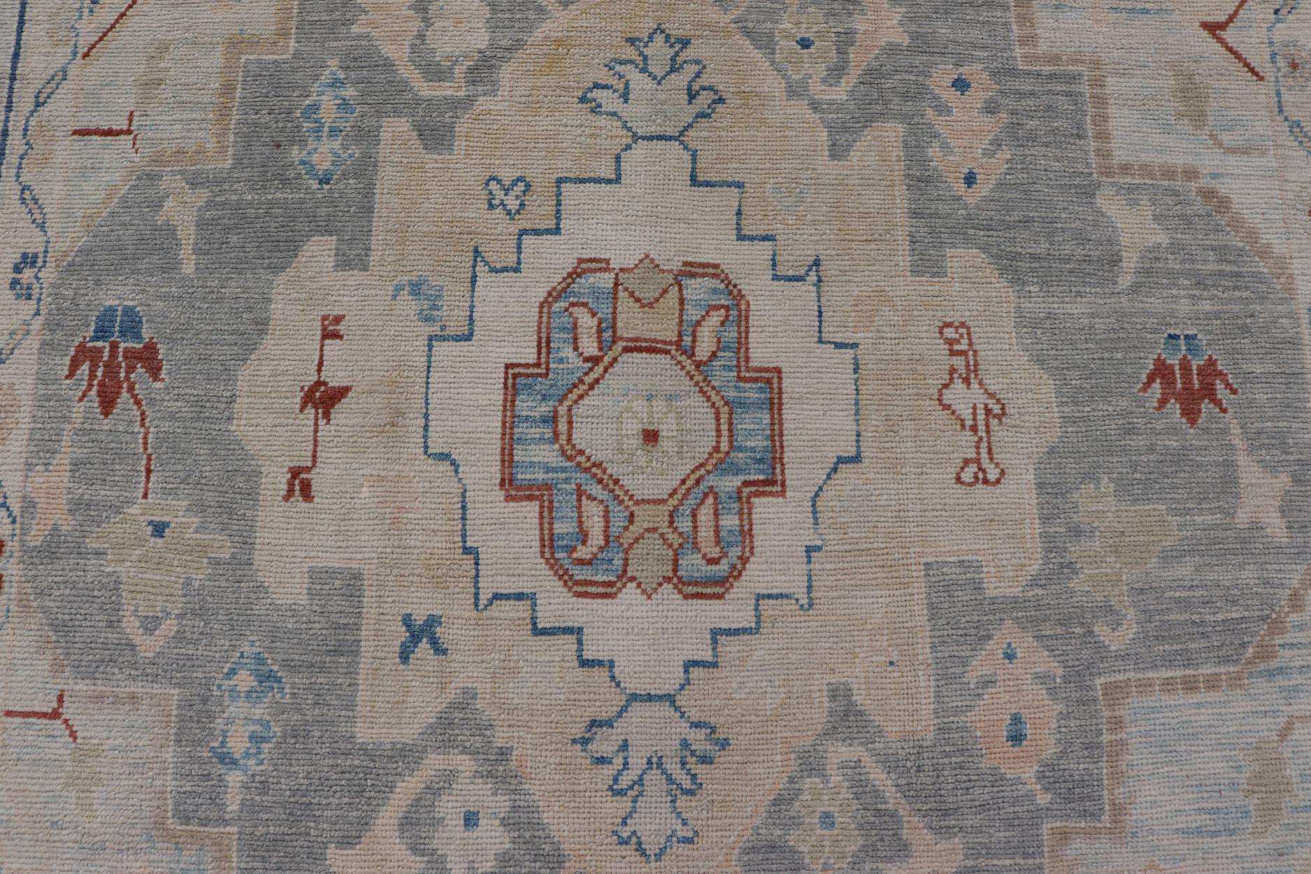Modern Oushak Turkish Rug with All Over Design in Light Blue, Ivory, & Red In New Condition For Sale In Atlanta, GA