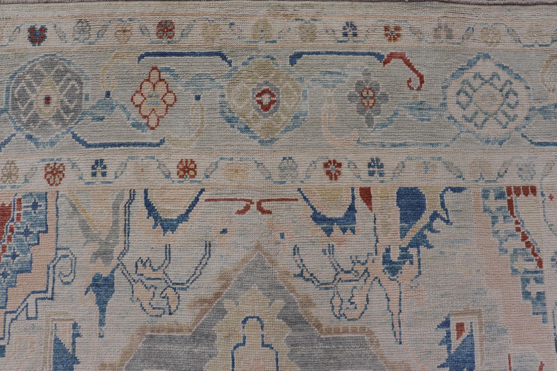 Wool Modern Oushak Turkish Rug with All Over Design in Light Blue, Ivory, & Red For Sale