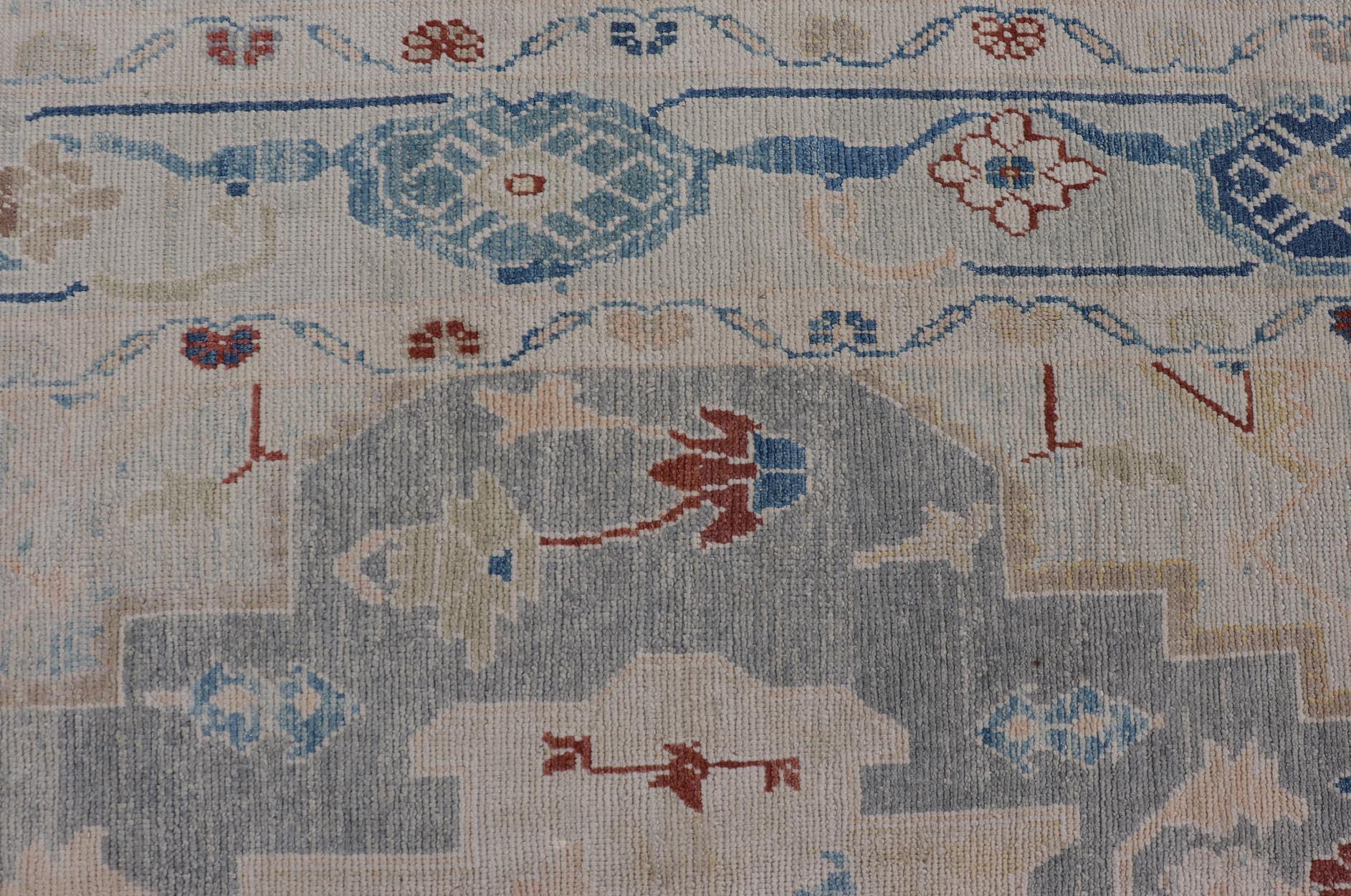 Modern Oushak Turkish Rug with All Over Design in Light Blue, Ivory, & Red For Sale 1