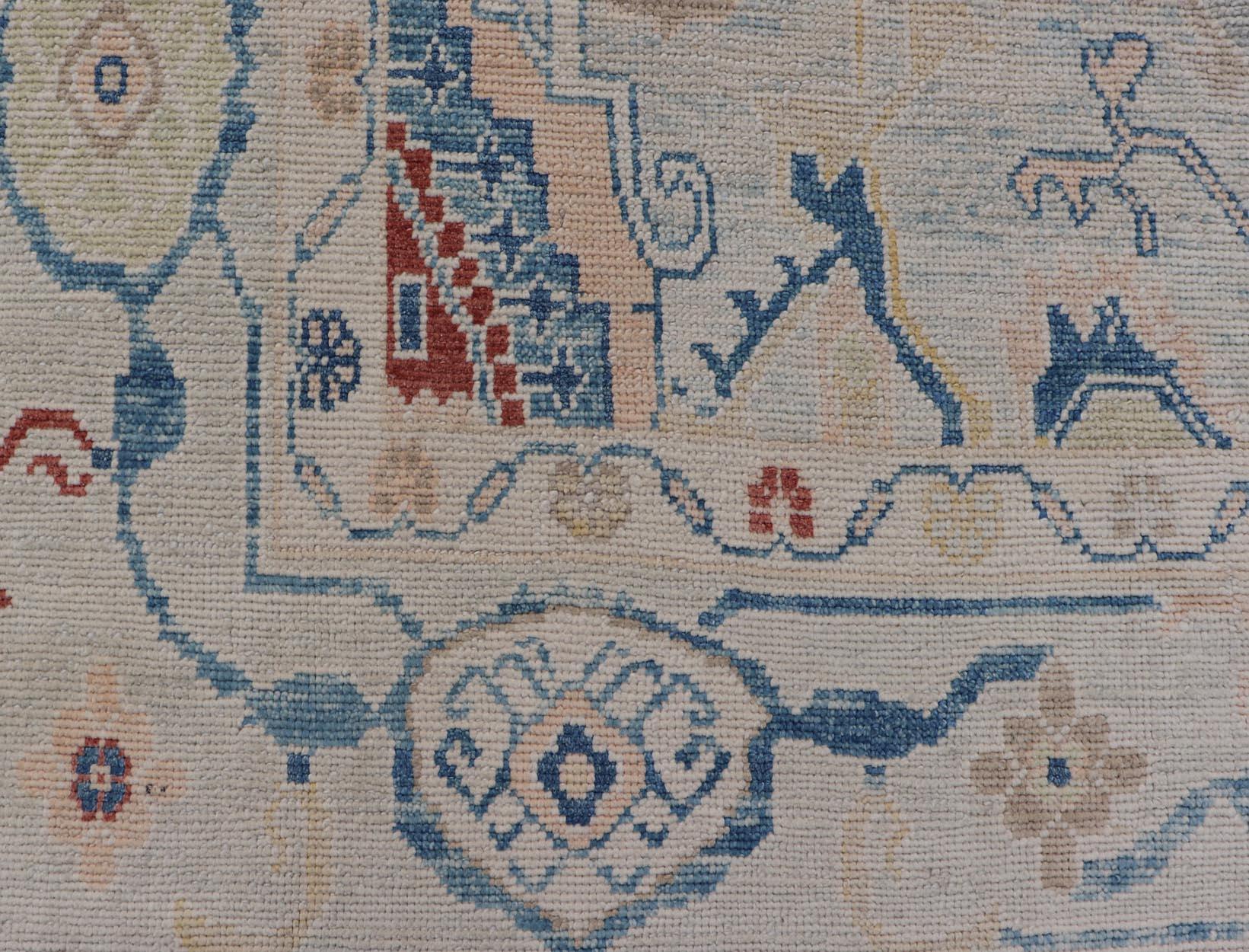 Modern Oushak Turkish Rug with All Over Design in Light Blue, Ivory, & Red For Sale 2