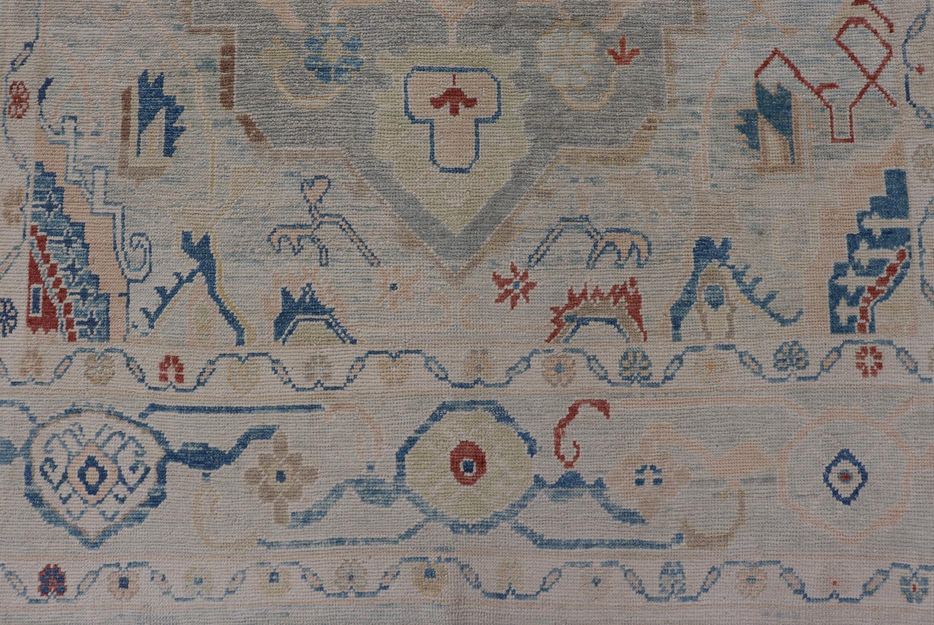 Modern Oushak Turkish Rug with All Over Design in Light Blue, Ivory, & Red For Sale 3