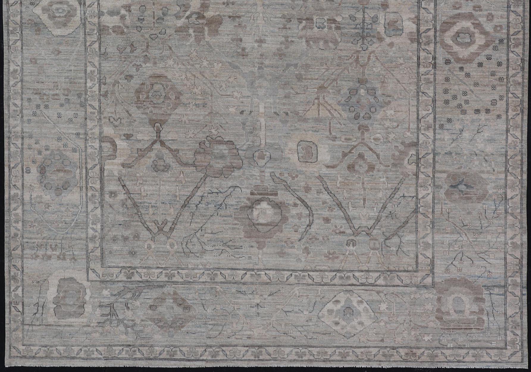 Modern Oushak Rug in Light Color Background with All-Over Tribal Motifs For Sale 3