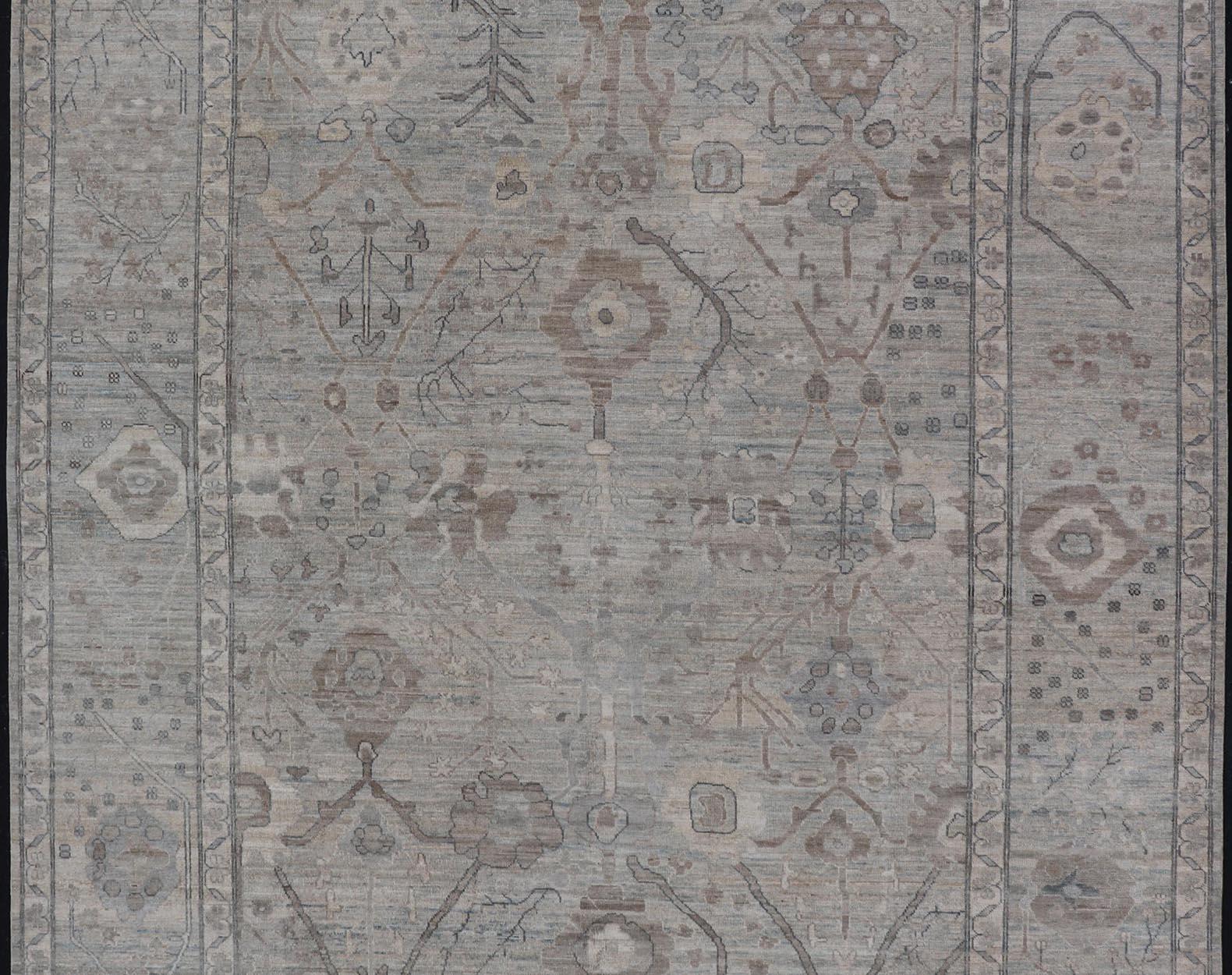 Modern Oushak Rug in Light Color Background with All-Over Tribal Motifs For Sale 2