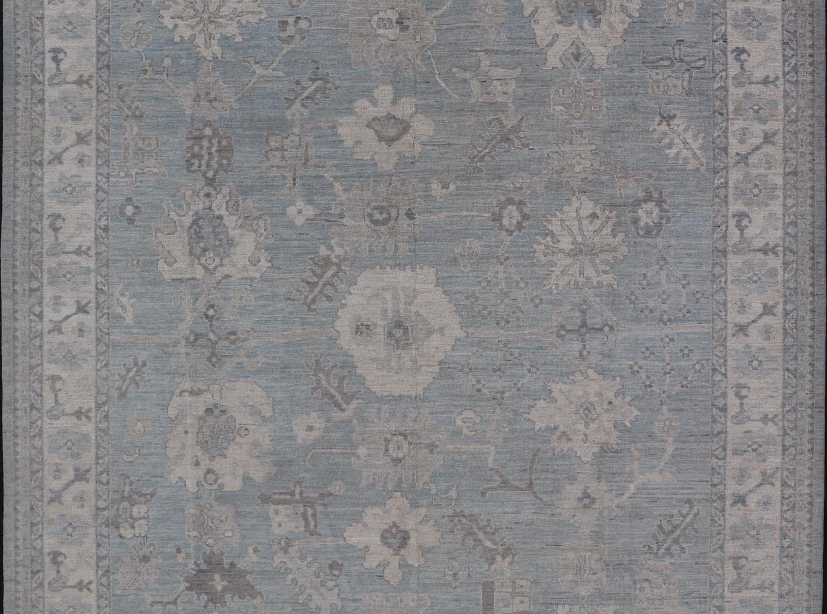 Afghan Modern Oushak with Floral and Tribal Motifs with Cream, Gray and Powder Blue For Sale