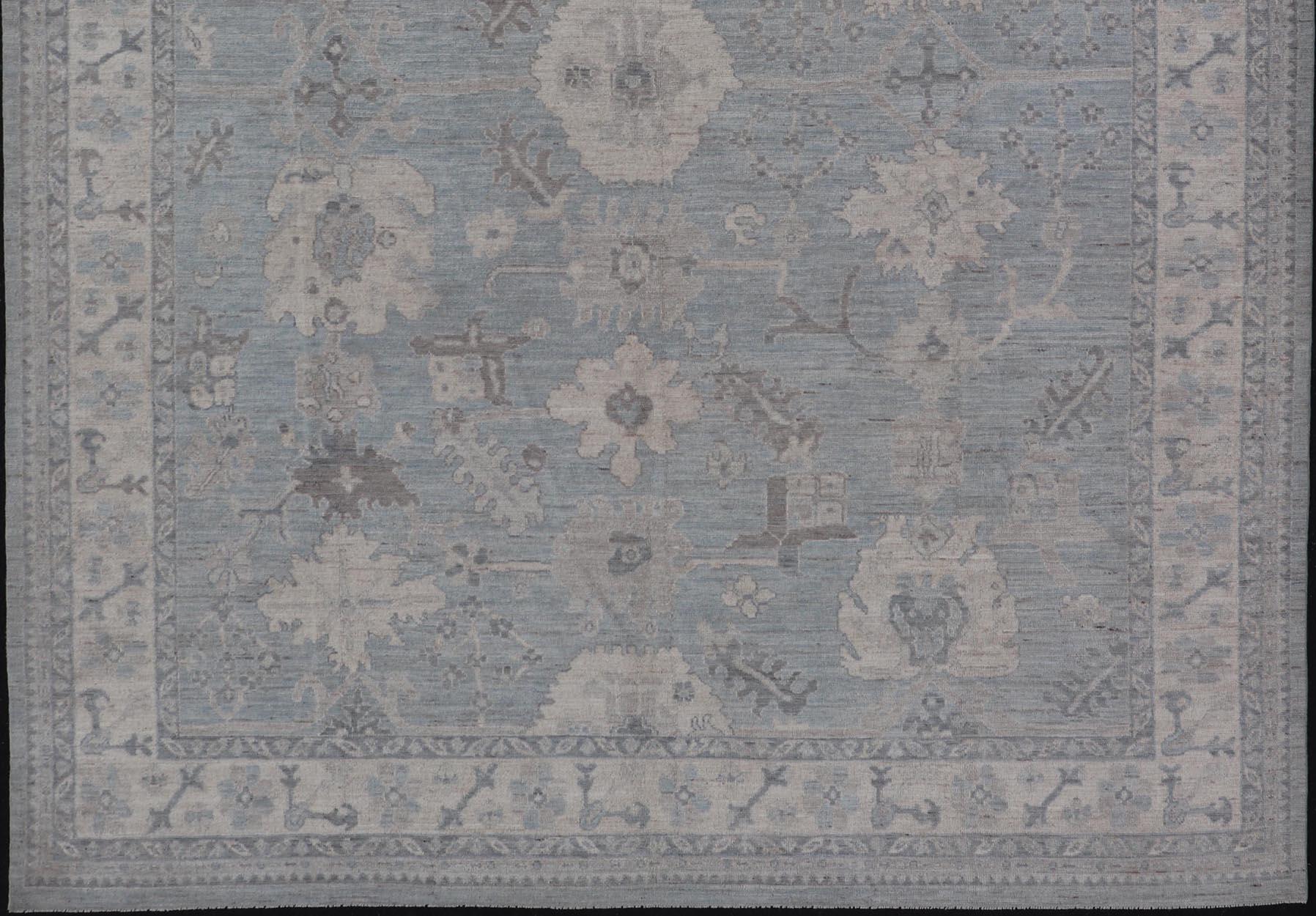 Hand-Knotted Modern Oushak with Floral and Tribal Motifs with Cream, Gray and Powder Blue For Sale