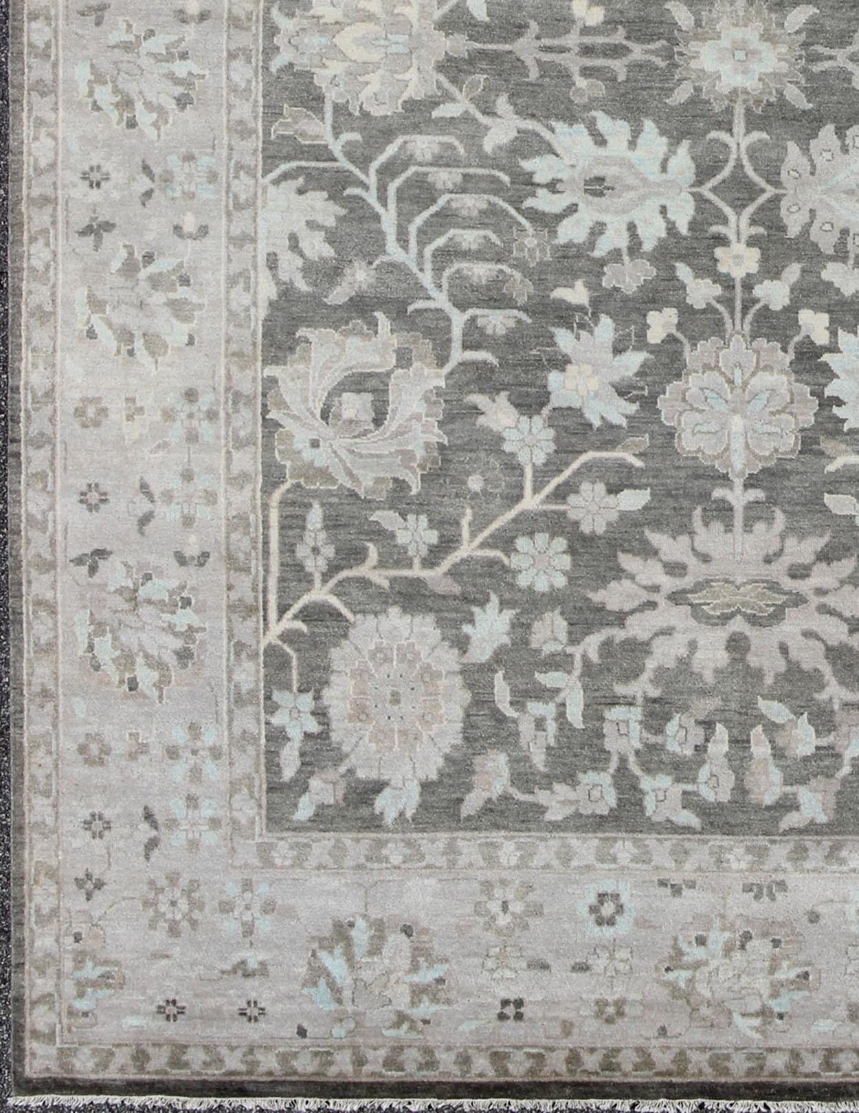 Indian Modern Oushak with Floral Design in Gray, Taupe, Lt. Blue, Lt. Brown & Cream For Sale