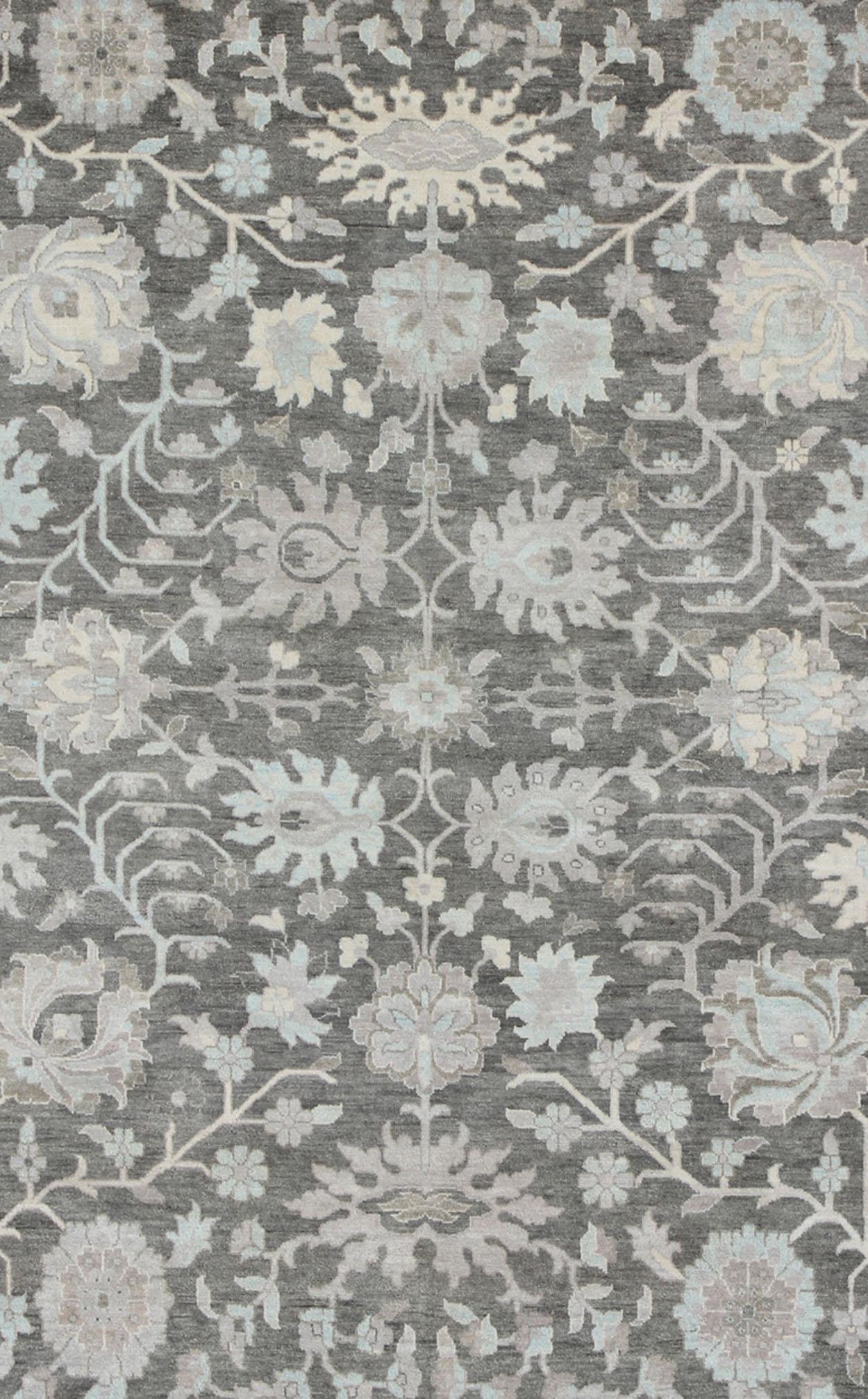 Hand-Knotted Modern Oushak with Floral Design in Gray, Taupe, Lt. Blue, Lt. Brown & Cream For Sale