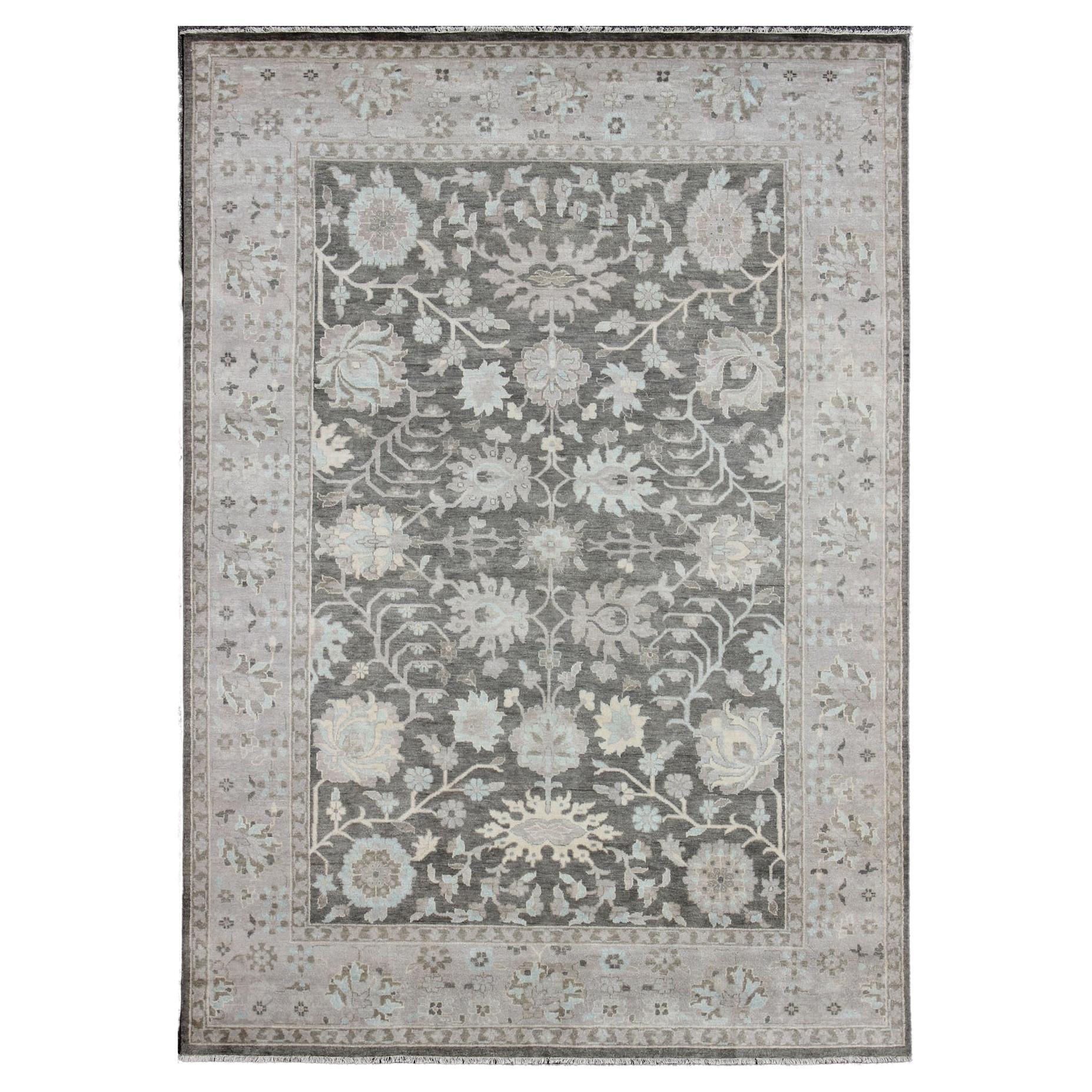 Modern Oushak with Floral Design in Gray, Taupe, Lt. Blue, Lt. Brown & Cream For Sale