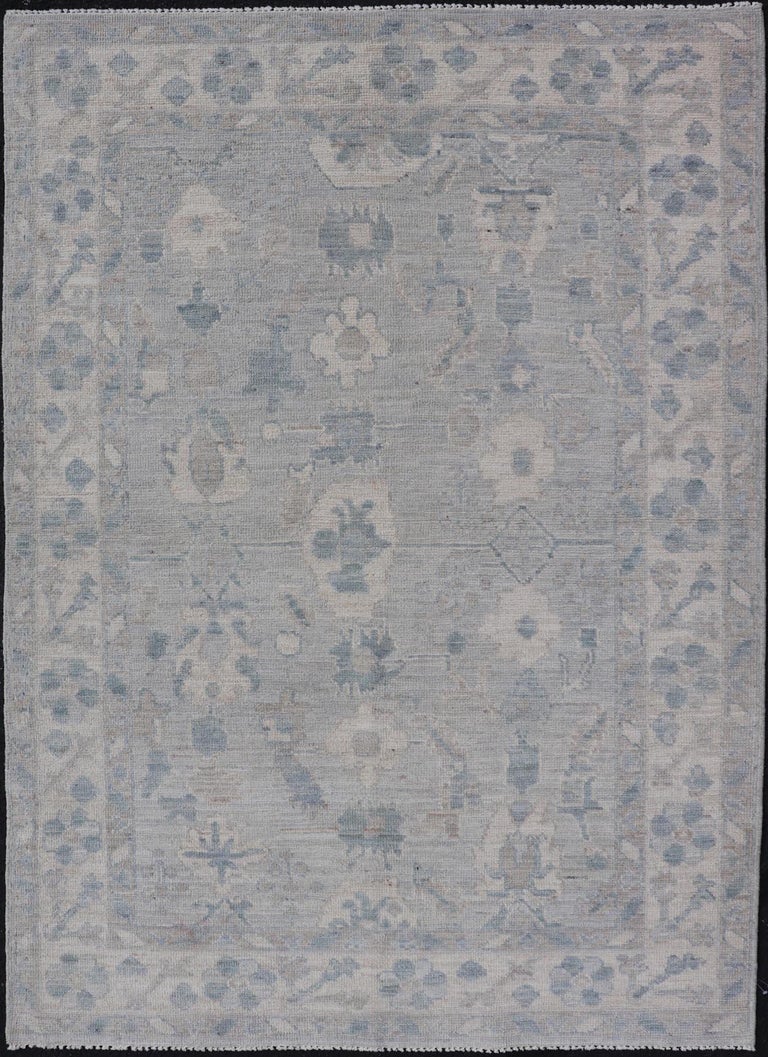 Modern Oushak with Floral Motifs with Cream, Grey, Blue, and Powder