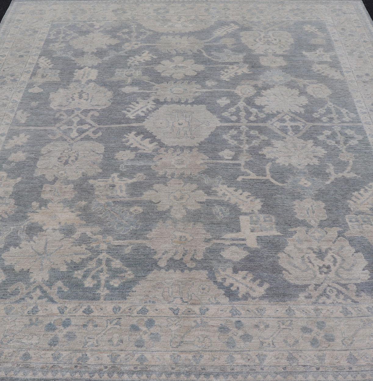 Modern Oushak with Large Floral Motifs with Cream, Blue, and Steel Blue For Sale 4