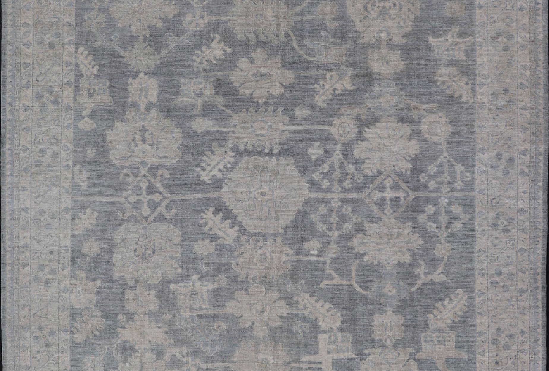 Wool Modern Oushak with Large Floral Motifs with Cream, Blue, and Steel Blue For Sale