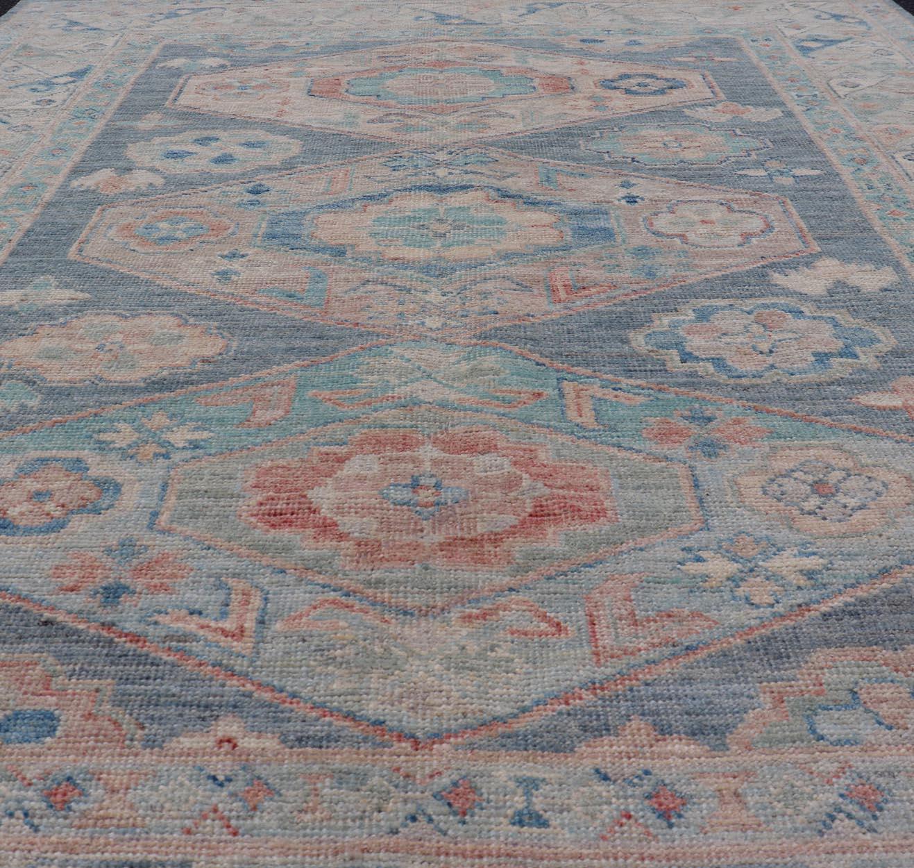 Hand-Knotted Modern Oushak with Large Medallion Design on a Blue-Gray Field For Sale