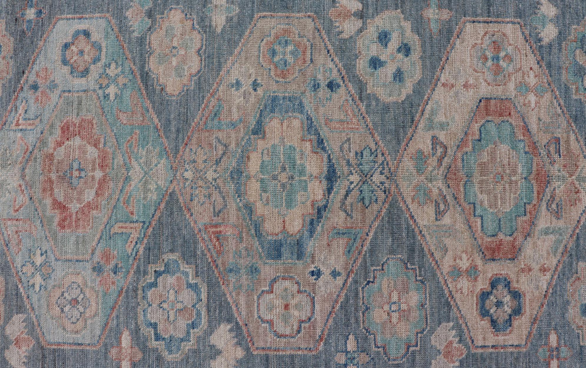 Wool Modern Oushak with Large Medallion Design on a Blue-Gray Field For Sale