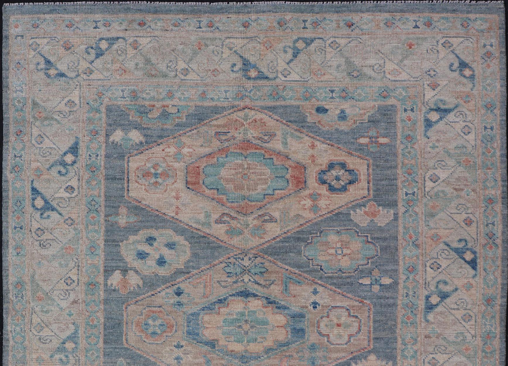 Modern Oushak with Large Medallion Design on a Blue-Gray Field For Sale 1