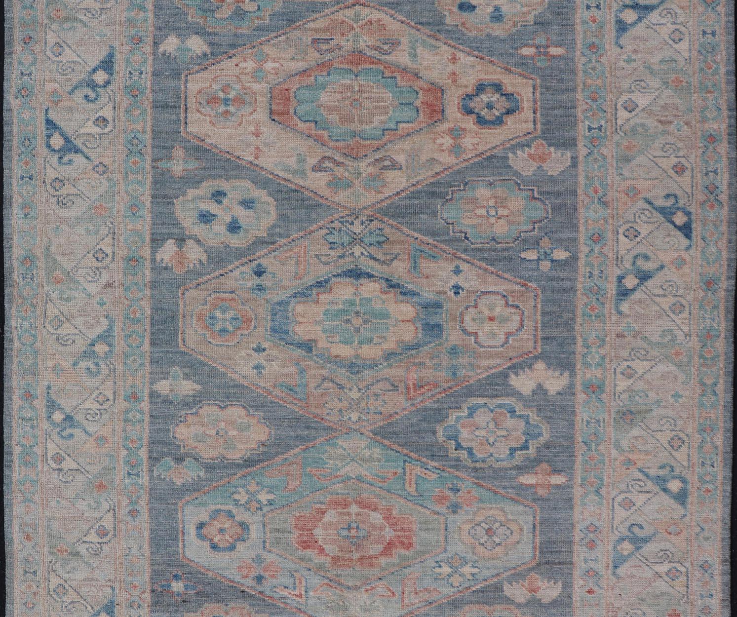 Modern Oushak with Large Medallion Design on a Blue-Gray Field For Sale 2