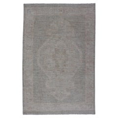 Modern Oushak with Off Gray Background with A Large Tribal Medallion in Cream