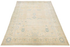 Modern Oushak Wool Rug Hand-knotted Beige with Botanical Design