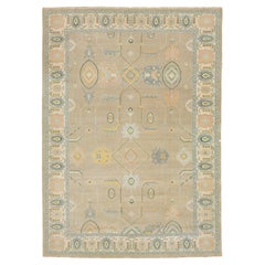 Tapis moderne en laine Oushak fait à la main dans des tons sourds avec des médaillons géométriques