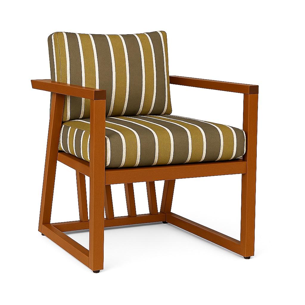 Sillón moderno de exterior de madera de iroko con cojines a rayas Moderno en venta
